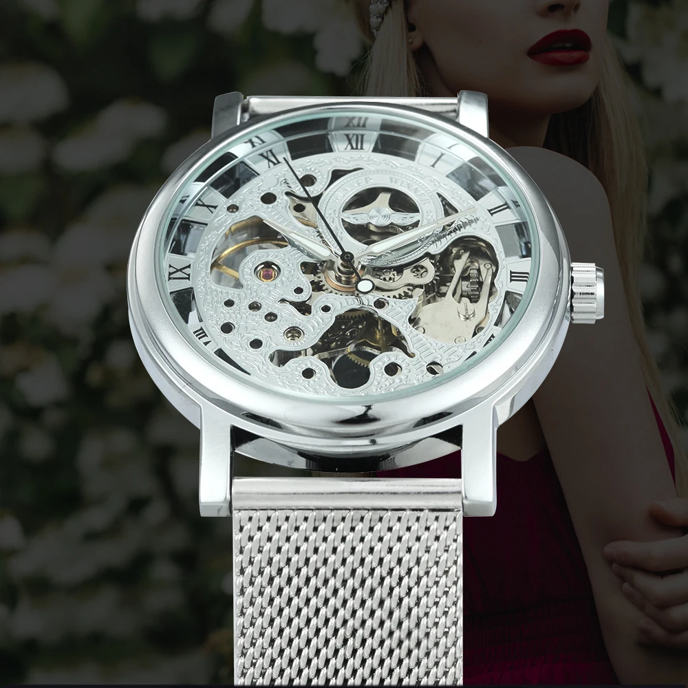 Победитель официальный модные женские часы ультра тонкий сетчатый Ремешок лучший бренд класса люкс Скелет Механические Элегантные женские наручные часы для девочек