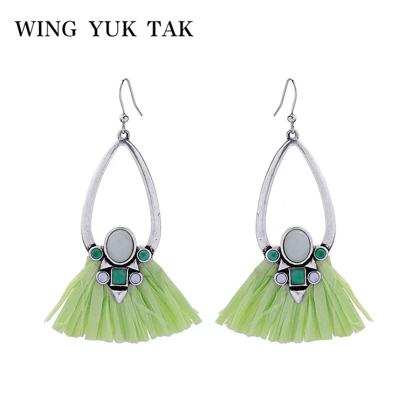 

wing yuk tak Green Raffia Tassel Earrings For Women New Design Fashion Simple Lady Fringe Silver Color Dangle Drop Earrings