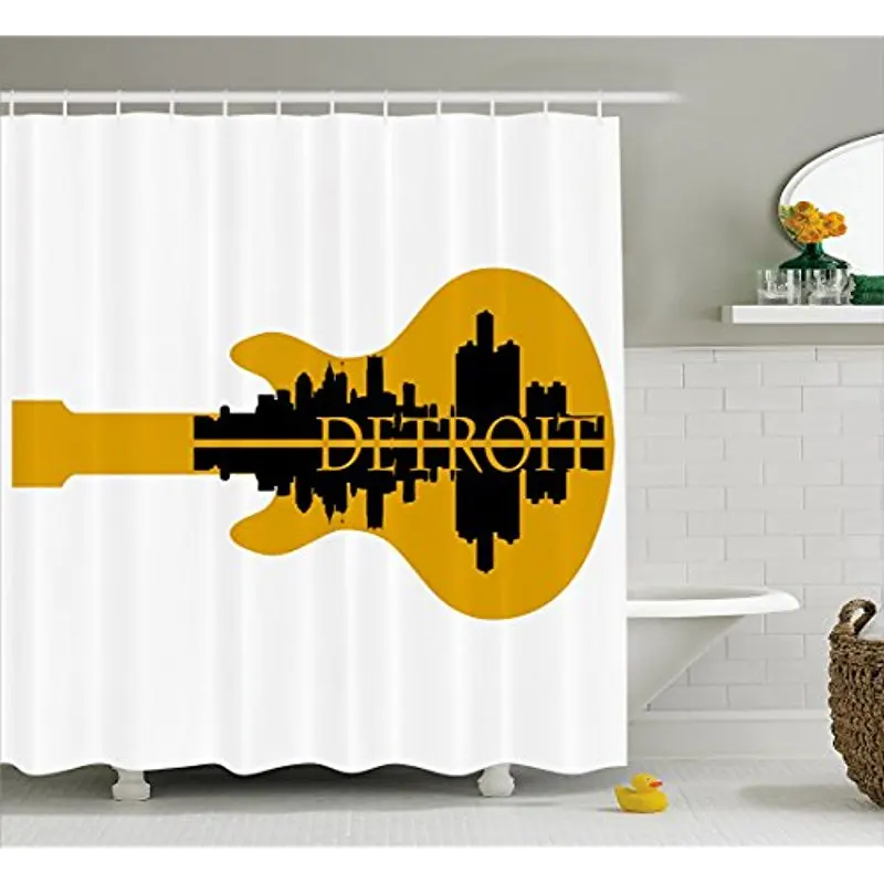

Vixm Detroit Shower Curtain High Rise Buildings Silhouette Reflection Electric Guitar Instrument Music Theme Fabric Bath Curtain