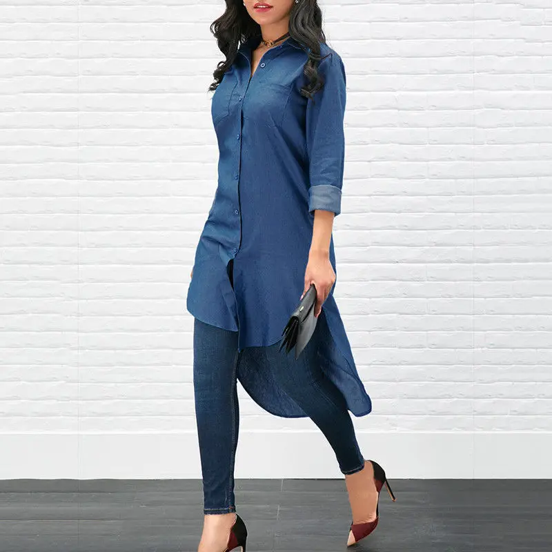

Women's Summer Dress Fashion Blue Pullover Top Shirt Long Sleeve Club Party Dress Girls Casual Loose Shirt Mini Dress