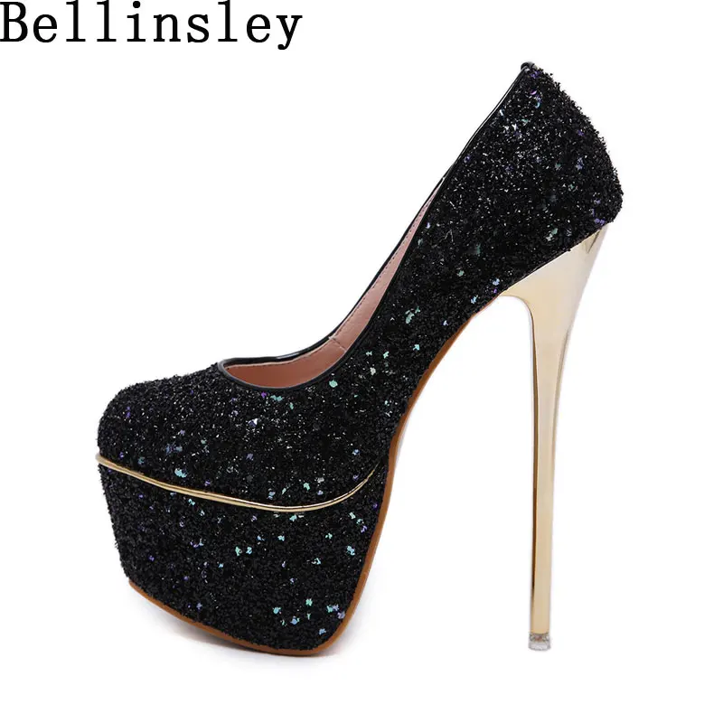 Bellinsley Bling Women's Pumps Super High Heels 16CM Shoes 6CM Platform