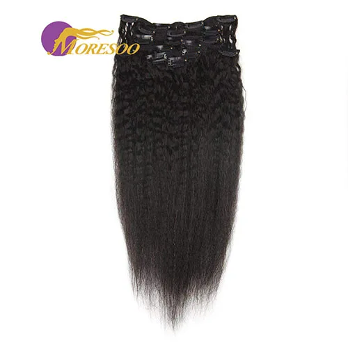 Moresoo человеческие волосы для наращивания на заколках, настоящие волосы remy для наращивания человеческих волос на зажимах, натуральный черный цвет, 7 штук, 100 грамм - Цвет: Kinky Straight