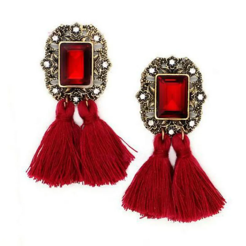 No Pierced Bohemian Ethnic Long Handmade Statements Tassel Clip On Earrings For female Vintage Square Popular Fringed Ear | Украшения и