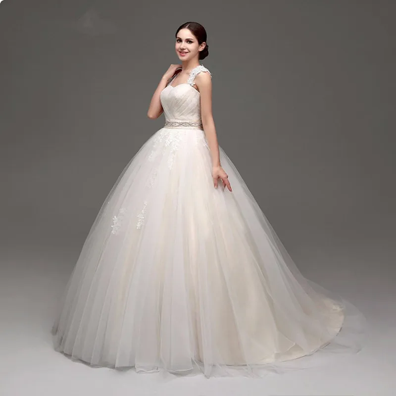 2016 A Line Wedding Dress Tulle Lace Applique Bow Crystals Sequins Cap Sleeves Sash Vestido De Noiva De Renda Free Shipping