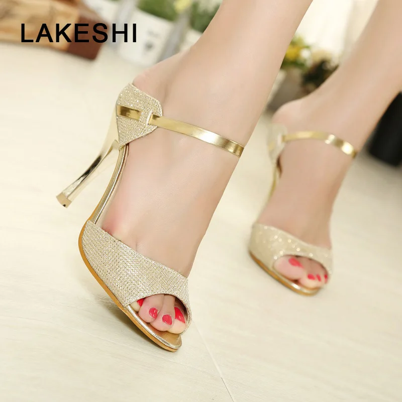 LAKESHI Women Pumps Sandals High Heels Sandals Front Strap Women Shoes Gold Sliver Ladies Sandals 2018 Summer Thin Heels Sandals apoepo women high heels sandals sliver gold black ladies shoes summer rivet cut outs females shoes buckle strap bridal shoes