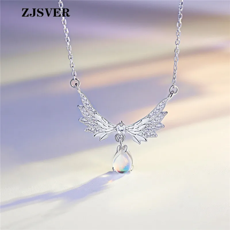 

ZJSVER Fine Jewelry 925 Sterling Silver Necklace Angel Wing Moonstone Pendant Fashion Silver Chain Women Necklace For Present