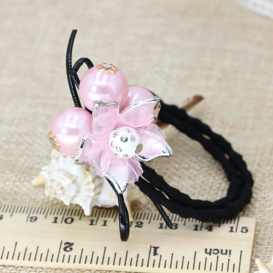 

isnice 1pcs Rhinestone ball hair ornaments with Leather rope Peach flower hair accessories, 3 pink pearl elastic hair bands