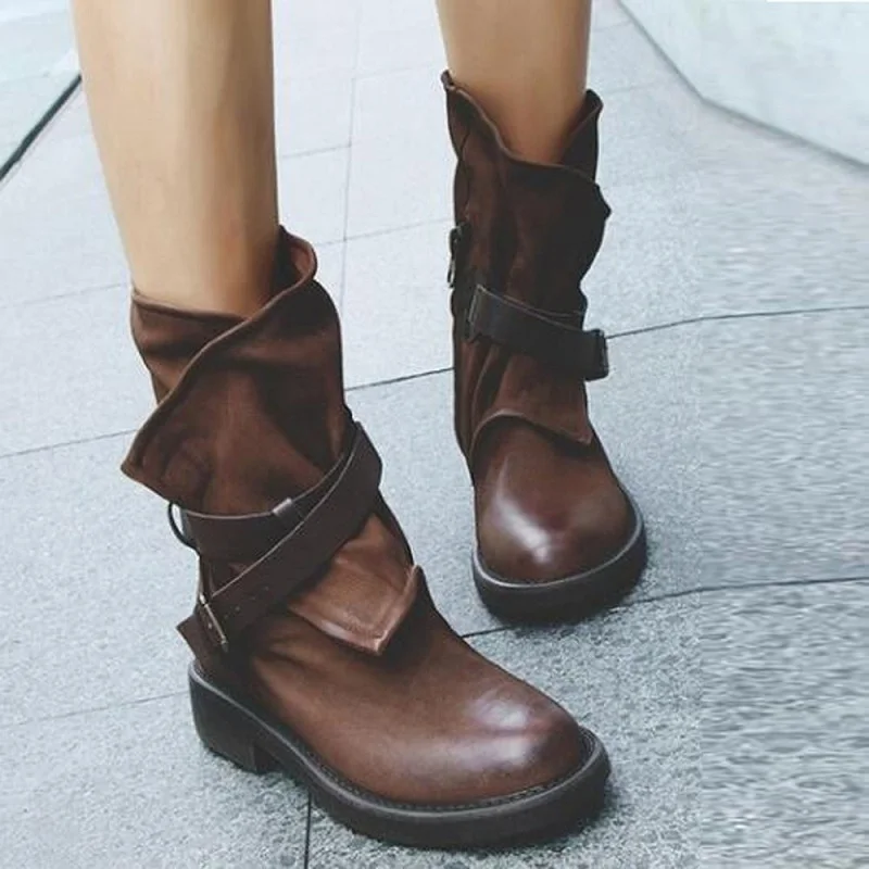 

Women shoes botas mujer autumn winter pu leather mid calf boots ladies platform motorcycle boots plus size chaussures femme