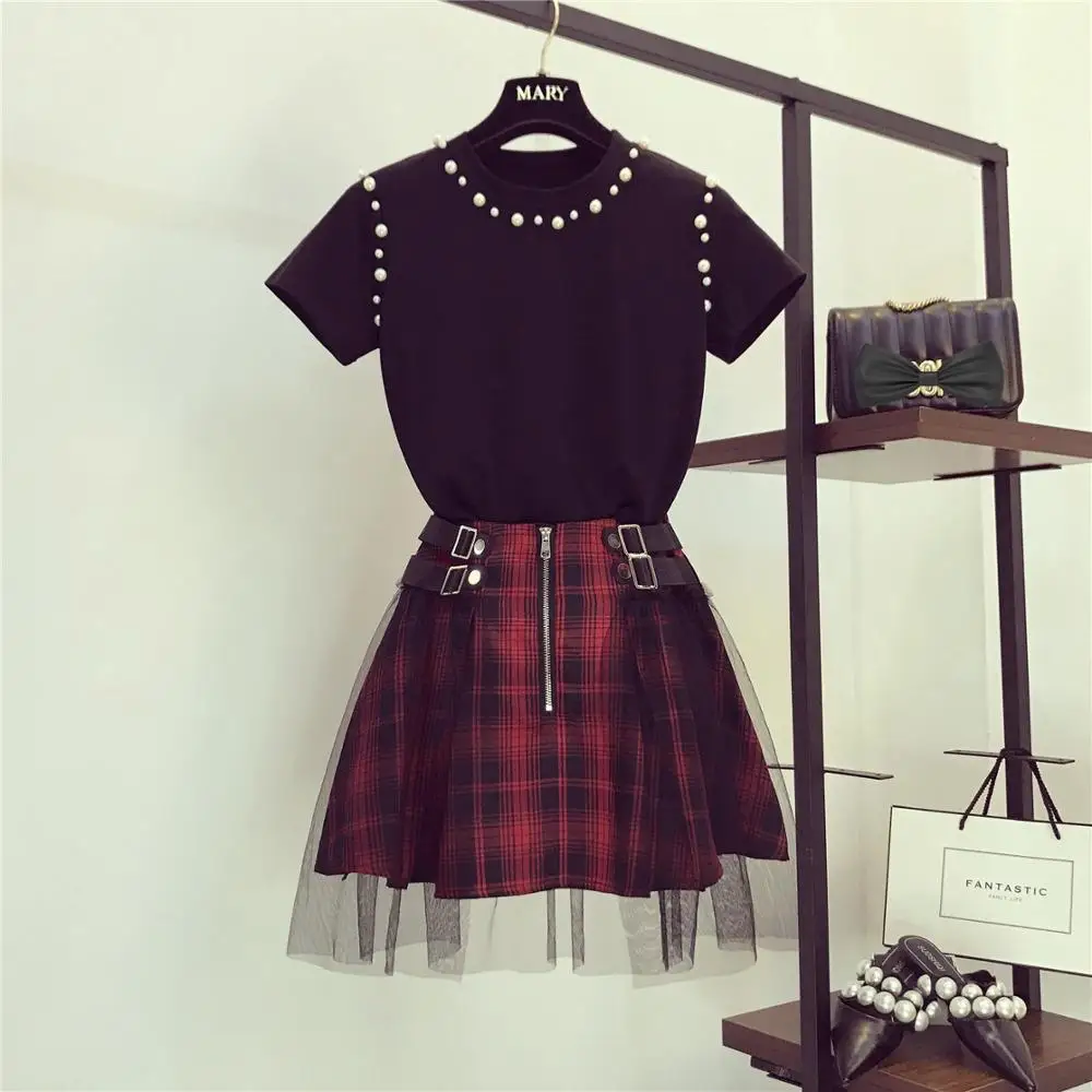 

Luxury Design 2019 Summer Women Beading T-shirt + Mesh Patchwork Plaid Skirts Fashion twinset Girls Female Suits A1579