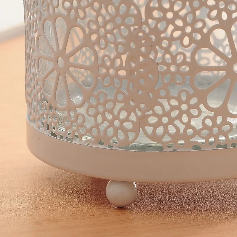 European Lace Accents Hollow Snowflake Design White Painted Iron Candle Holder with Glass Cup Inside European Lace Accents Hollow Snowflake Design White Painted Iron Candle Holder with Glass Cup Inside