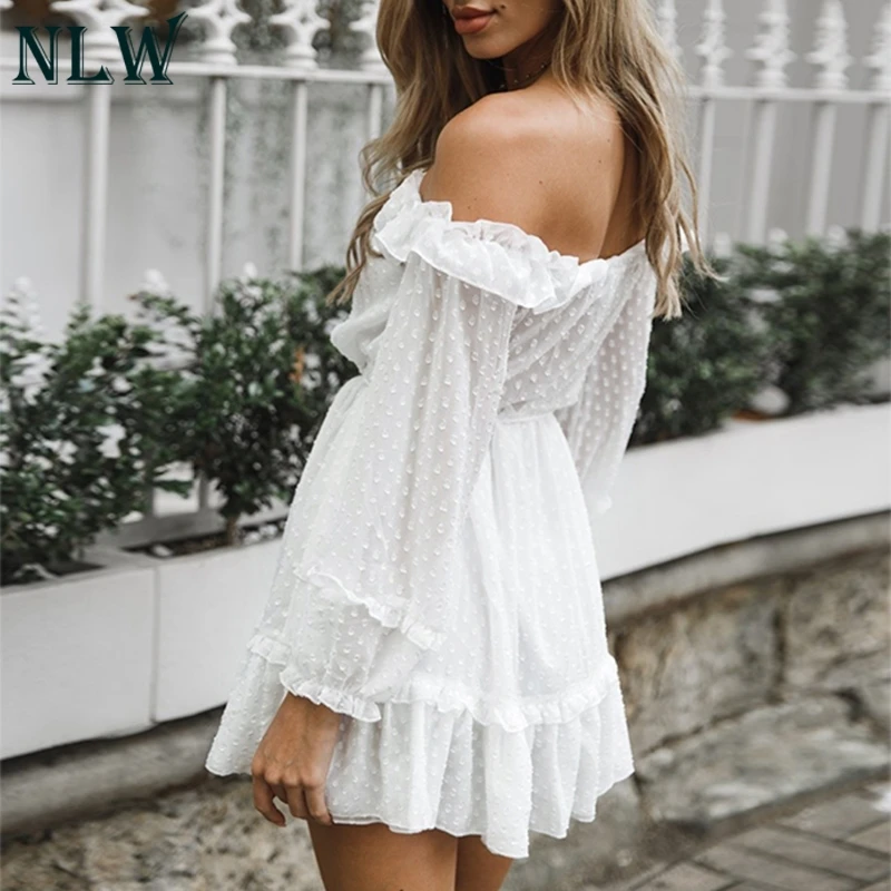 NLW Сексуальная плеча с длинным рукавом Сетчатое платье Пляж Boho элегантные