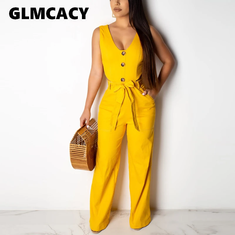 

Women Sleeveless V Neck Button Jumpsuits Sexy Summer Backless Solid Casual Jumpsuit Regular Fit Long Overalls