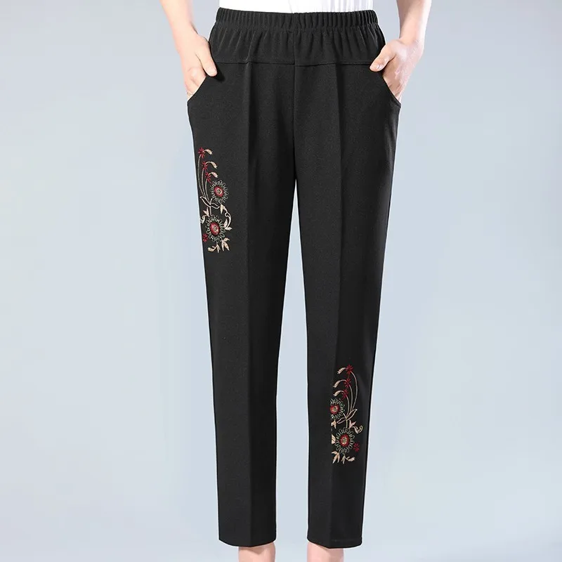 

2019 New Spring Summer Plus Size Women Clothing Straight Casual Pants Korean Elastic Waist Floral Embroidery Pants