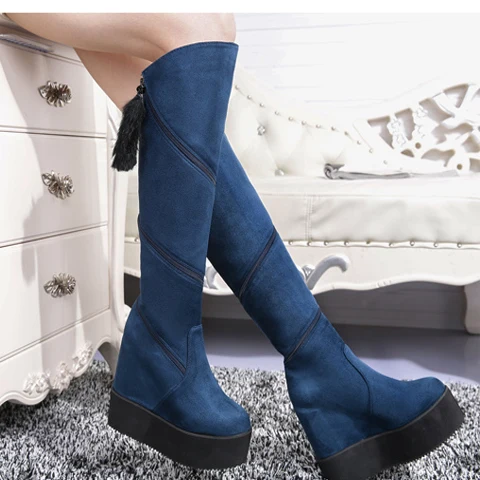 

2018 Autumn Winter Thick-soled Wedges Boots Women's Over The Knee Boots Increased High-thin Skinny Boots Long Tube Plus Velvet