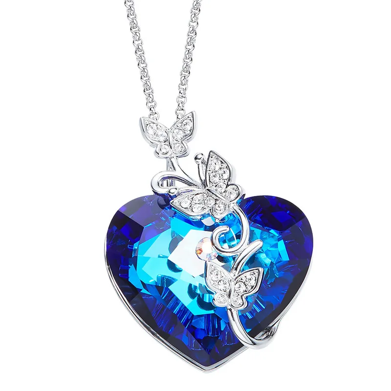

Heezen Luxury Big Blue Heart & Butterfly Shaped Pendant Necklace Trendy Austrian Rhinestone Fashion Jewelry Statement Necklace
