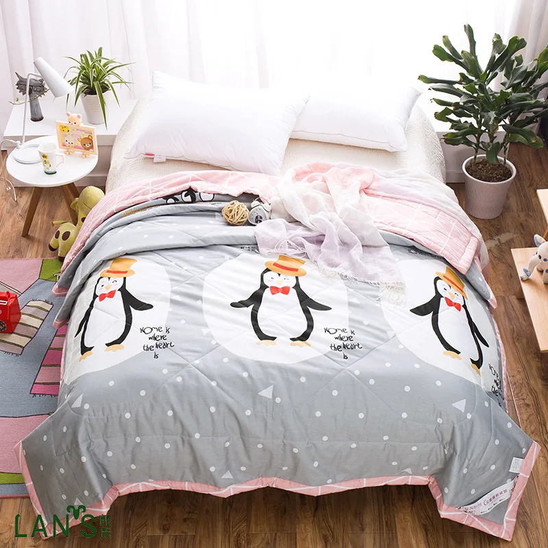 Washable 100 Cotton Summer Quilts 2017 New Penguin Reactive Printed Duvets Thin Soft Blankets