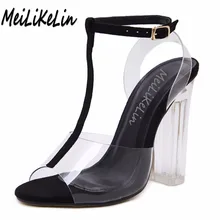 MeiLiKeLin Women Sexy transparent sandals peep toe T-Strap high heels shoes woamn party wedding dress Crystal sandals 35-40
