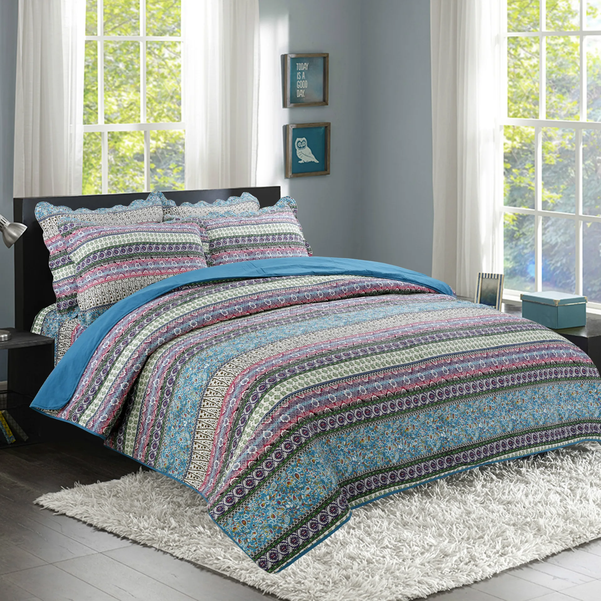 Boho Bed Duvet Cover Set Colorful Stripe Flat Sheet Sets Bohemian Bedding Set