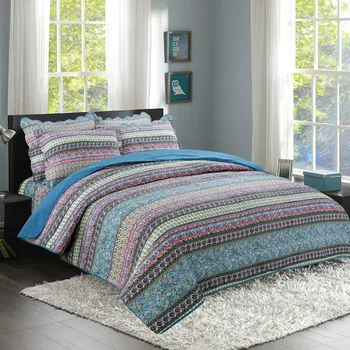 

Blue Bohemian Striped Reversible 4 Pieces Colorful Boho Bedding Set Quilted Duvet cover Bedspread Pillow shams Full Queen size