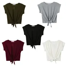 1 шт. женский короткий рукав «летучая мышь», круглый вырез, укороченный топ, Одноцветный галстук, Узелок спереди, футболка, пуловер, свободная уличная одежда, купальники