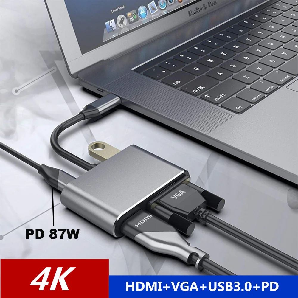 4 в 1 USB C type c к HDMI 4 K VGA USB3.0 аудио и видео адаптер с PD 87 W быстрое зарядное устройство для Macbook pro samsung s8 s9 s10