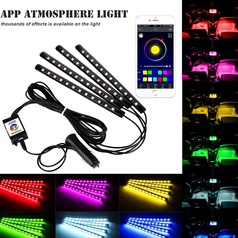 

4Pcs Car Atmosphere Lamp App Remote Control RGB LED Strip Fashion Auto Interior Decoration Music Rhythm Light ALI88