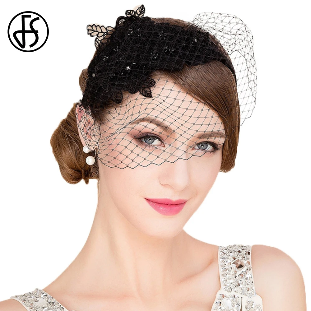 

FS Vintage Ladies Fascinators Pillbox Hat With Veil Black White Summer Royal Wedding Church Hats For Women Elegant Chapeu Fedora