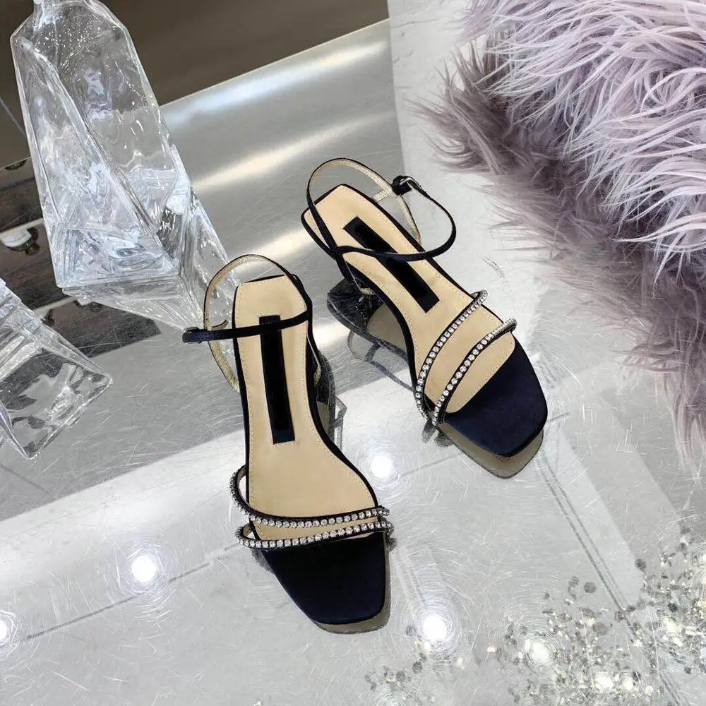

2019 Shoes Woman Leather Sandals Med Thin Heels Sandals Crystal Bling Sandals Buckle Strap Shallow Shoes Woman De Mujer