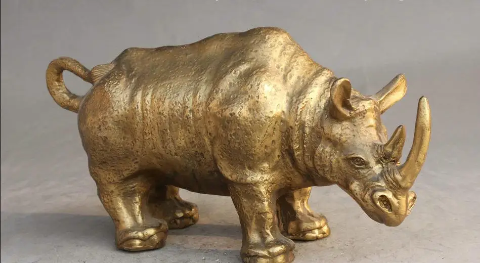 

67111738+++9" Chinese FengShui Brass Wild Strong Rhino Rhinoceros Bull Ox Statue 001