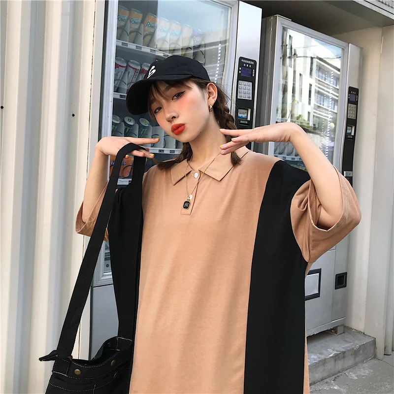 

Button Turndown Collar Patchwork Block Contrast Color Solid Loose T Shirt T-Shirt Top Harajuku Streetwear Korean Hip Hop Casual