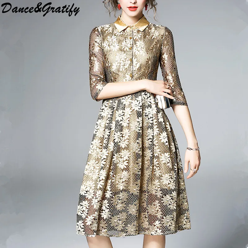 

Dance&Gratify Spring Turn-down Collar Sequined Dress Ladies Elegant Fashion Lace Dresses for Women 2018 Party Dress