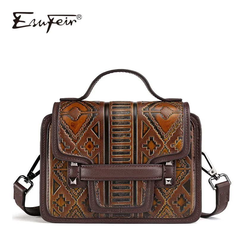 

ESUFEIR Luxury Brand Cow Leather Handbag For Women Vintage Embossed Design Women Shoulder Bag Casual Female Crossbody Flap Bag