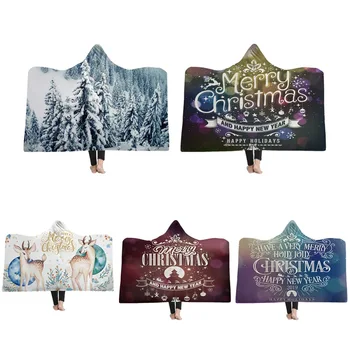 

Christmas Theme Winter Cover Blanket Sofa Bed Newest Soft Warm Print Fleece Fabric Wearable Hooded Throw Blankets Home Textile