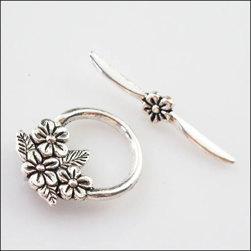 

New 4Sets Tibetan Silver Leaf Flower Round Circle Bracelet Toggle Clasps Connectors