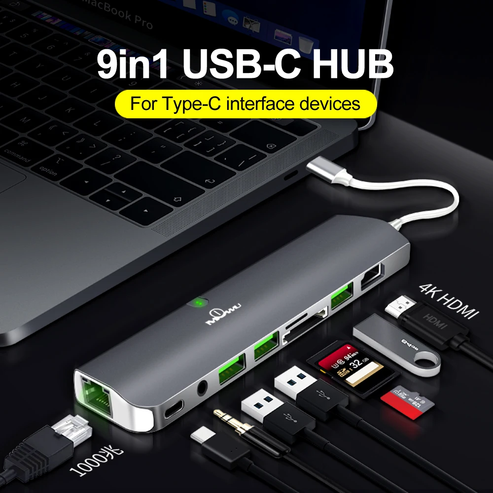 

9in1USB C HUB TYPE C Thunderbolt 3 Adapter USB-C Dock Dongle with HDMI 4k PD USB 3.0 SD TF Card Reader for MacBook Pro Air 13 15