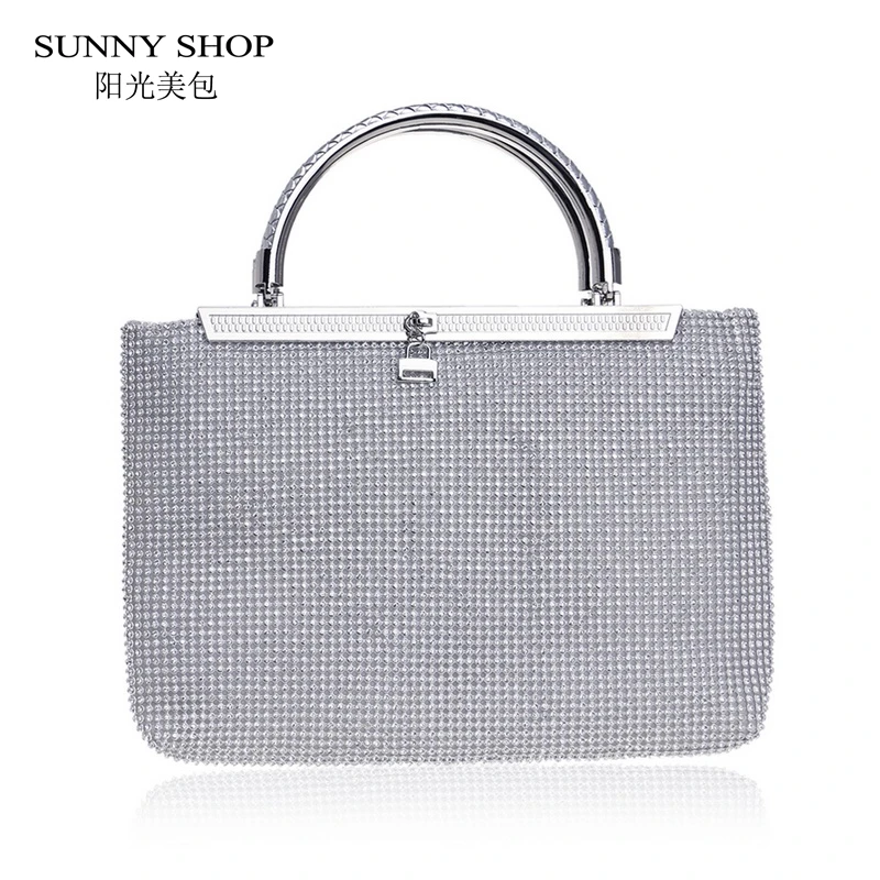 

SUNNY SHOP Fashion Diamonds Crystal Bling Evening Bag High Quality Brand Designer Metallic Evening Tote Chain Sling Bag Party