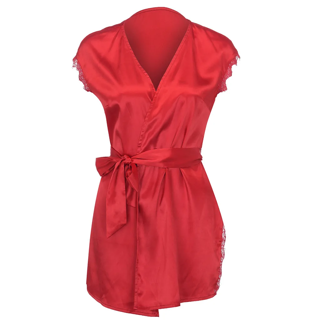 Short Sleeve Robe Women Satin Pajama Sexy Night Dress With Belt Nighties Nightgown Sleepwear Nightwear Nightshirt Bathrobe