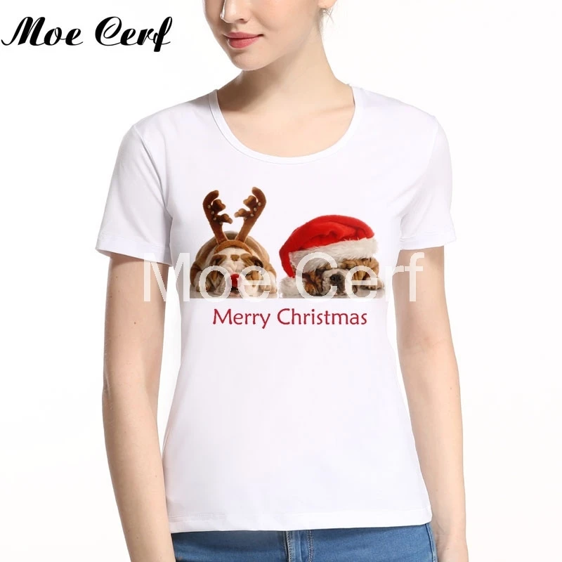 Santa Claus elk dog Merry Christmas Women Clothing Cool Lazy Animal Design Print  Womens T Shirts Kawaii Holiday Tops Tee L13-10