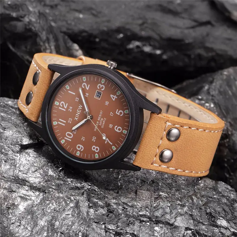 Винтажные классические мужские водонепроницаемые часы с кожаным ремешком и датой, Спортивные кварцевые армейские часы, роскошные часы для мужчин, мужские часы# YY