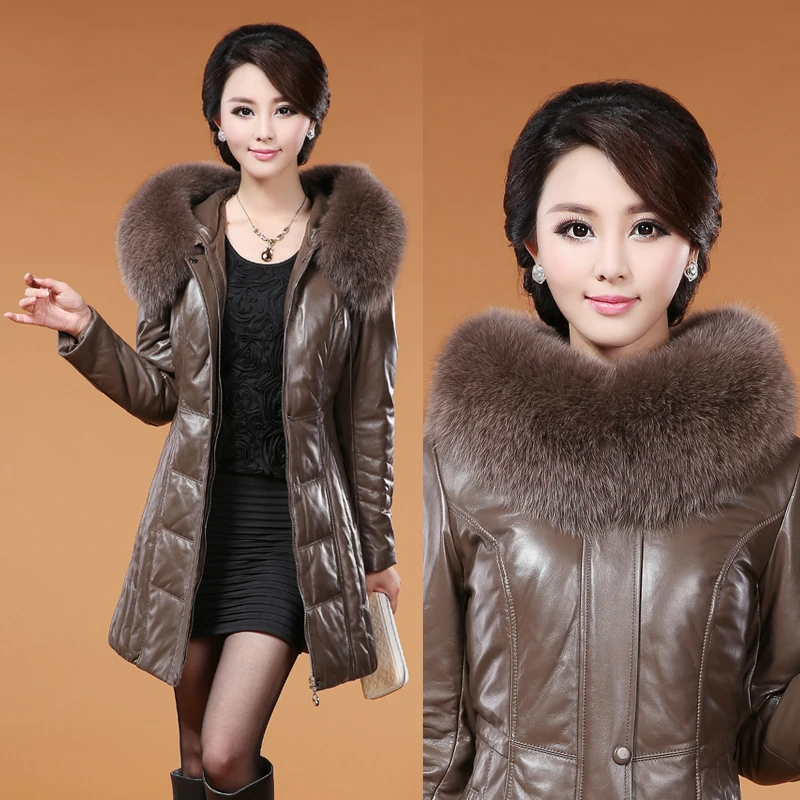 Genuine leather clothing women's medium long genuine leather down coat