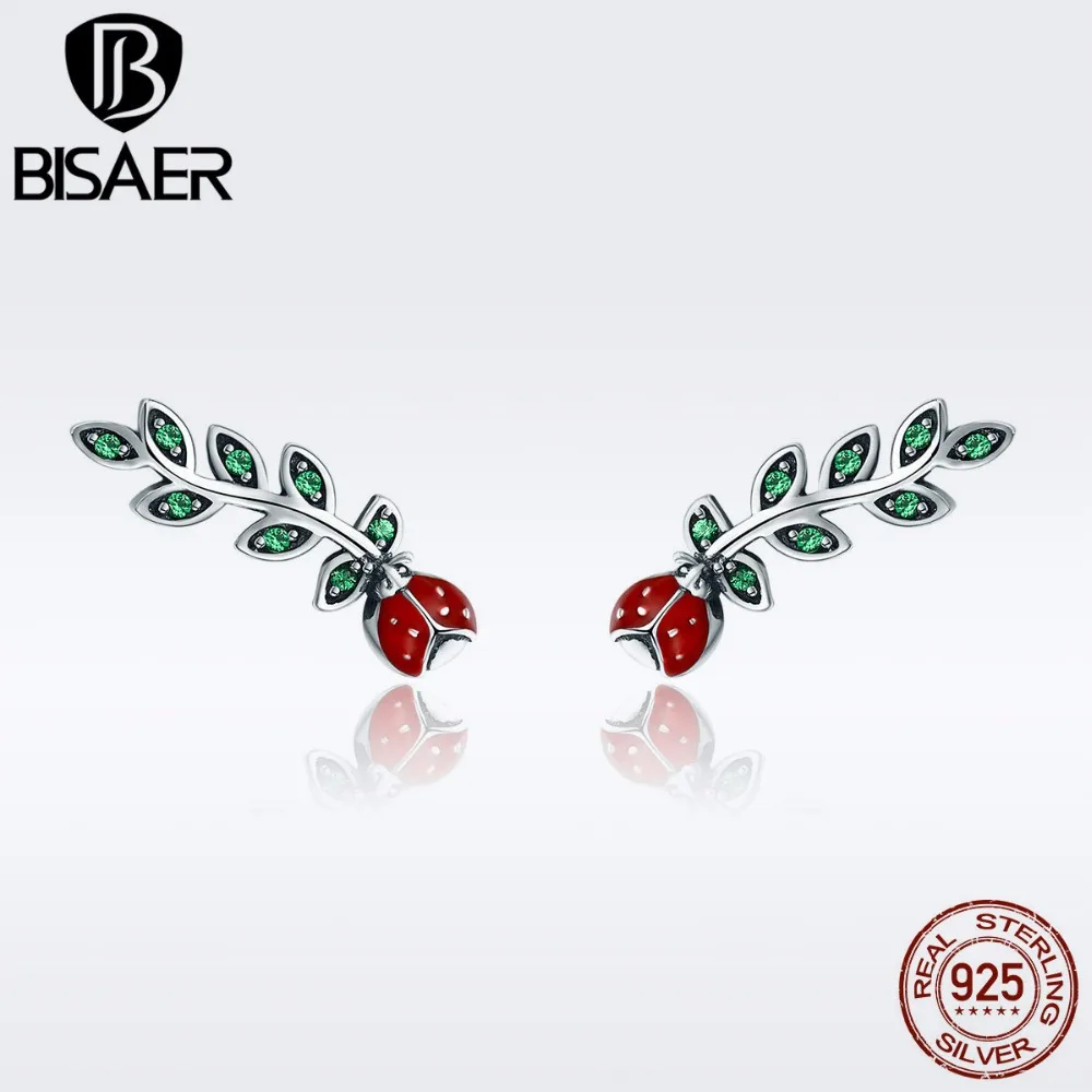 

100% 925 Sterling Silver Insect Ladybug Red Flower & Green Leaves Clip Earrings for Women Girl Sterling Silver Fashion Jewelry