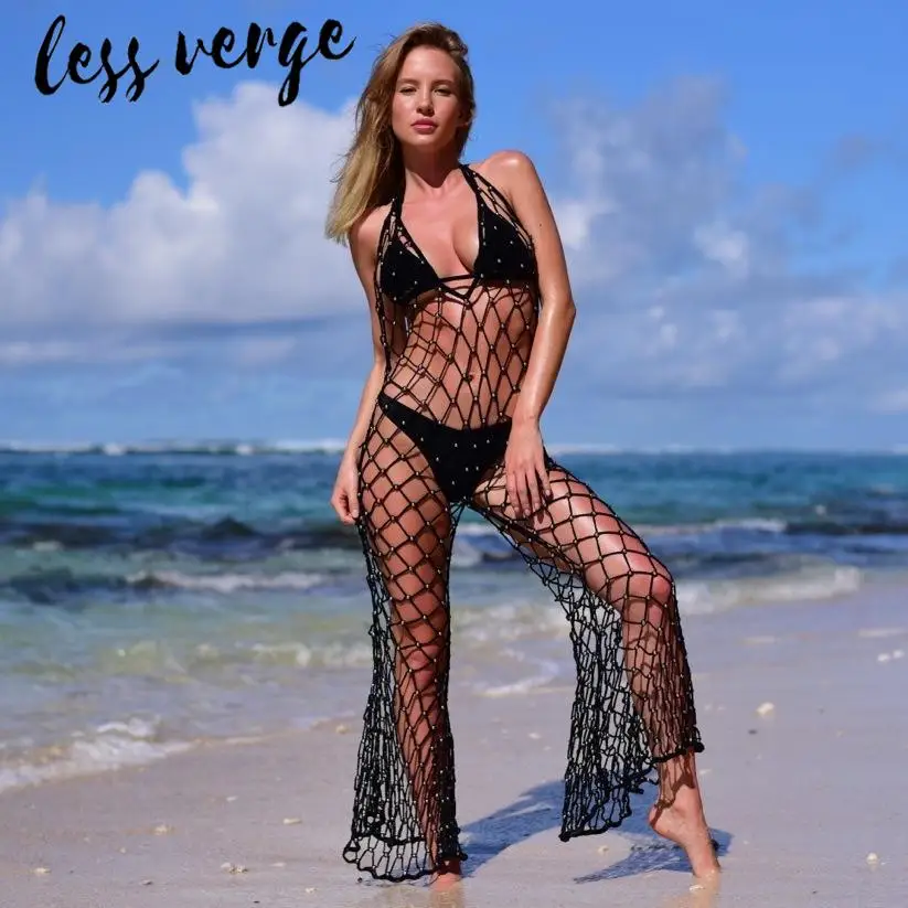 Lessverge вязаные крючком бусины белые накидки сексуальный черный комбинезон с
