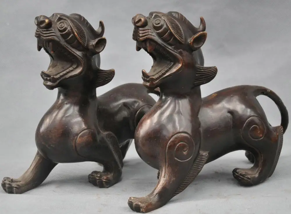 

10" China Bronze Unicorn Dragon Kylin Foo Dog Statue Figurine One Pair