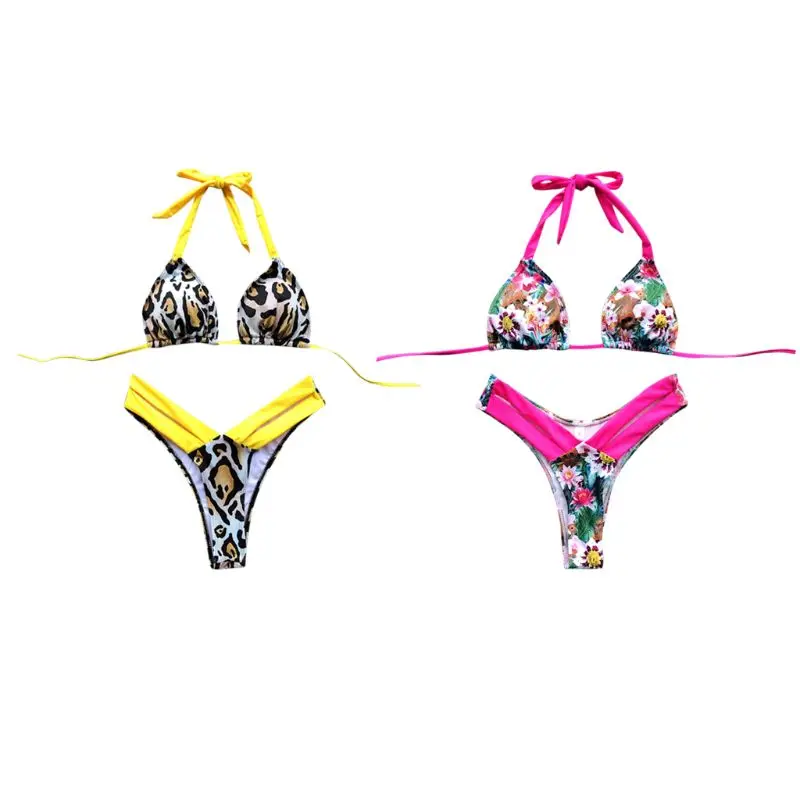 Women Sexy Two Piece Bikini Set Bright Color Block Leopard Floral Patchwork Swimsuit Halter V