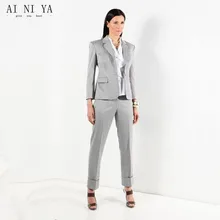 Light Gray Slim Women’s Business Suit Office Work Wear Notched Single Breasted Striped Two-piece Suits Female Trouser Suits 2018