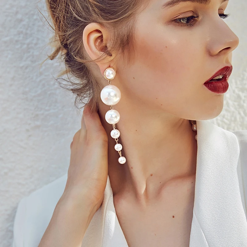 Fashion Different Size Small Big Simulated Pearl Long Drop Earrings