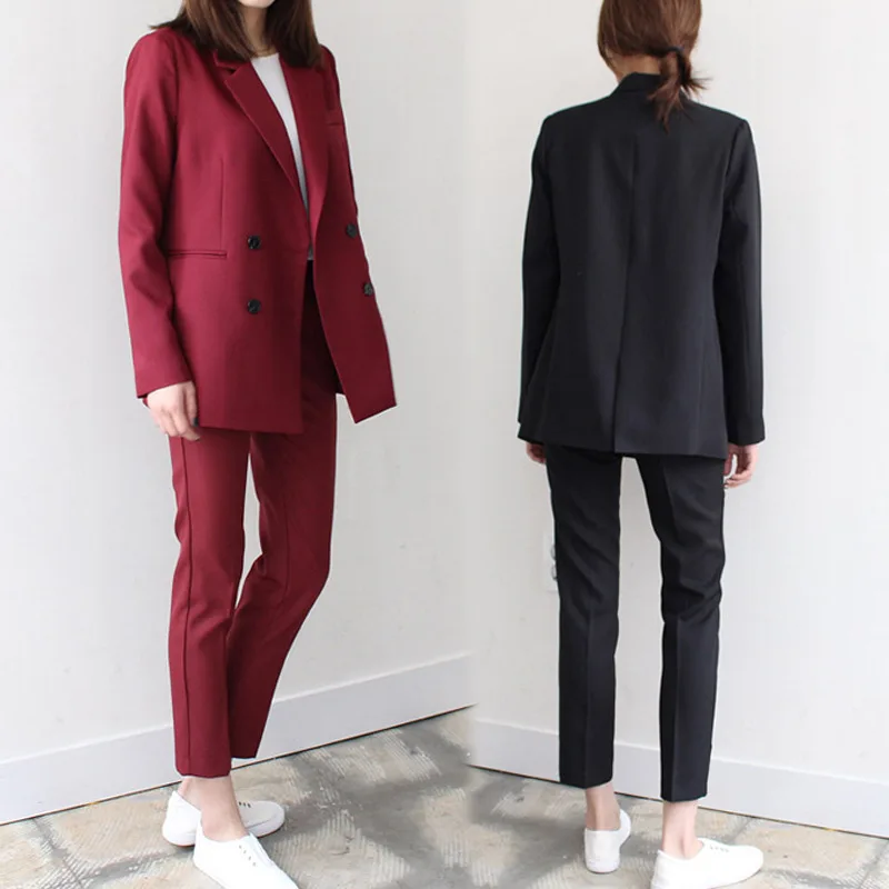 New Autumn Suit 2019 Double-row Button Bottom Pants Suit Notched Button Double Breasted Solid Long Black Jackets Coat Women New Autumn Suit 2019 Double-row Button Bottom Pants Suit Notched Button Double Breasted Solid Long Black Jackets Coat Women