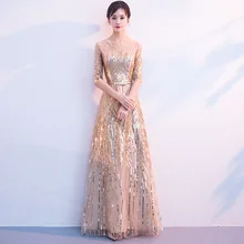 Золотое элегантное вечернее платье в пол с блестками, а-силуэт, вечерние платья для выпускного вечера, блестящие вечерние платья с рукавом до локтя