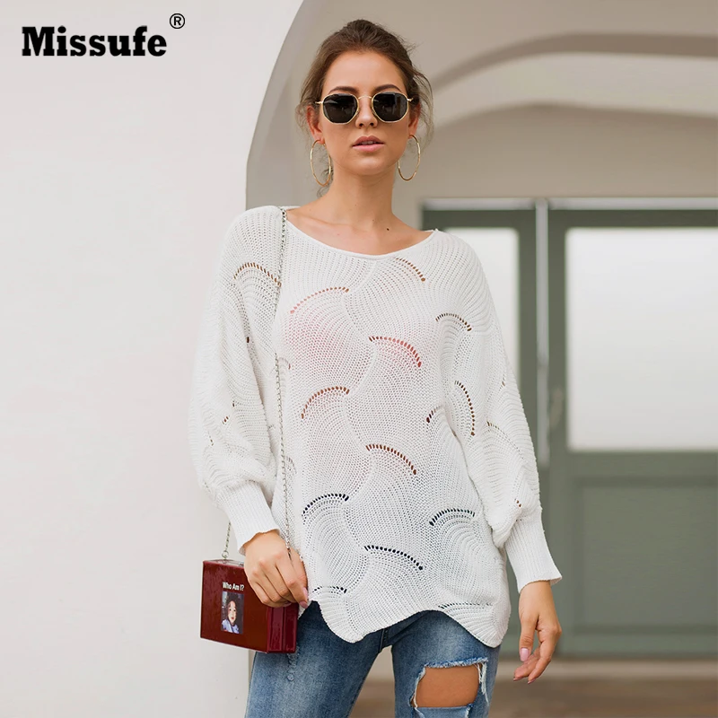 Missufe O Neck Long Sleeve Sweaters Women Hollow Out Jumpers Kintted Loose Autumn Winter Warm Irregular Pullovers Tops | Женская одежда