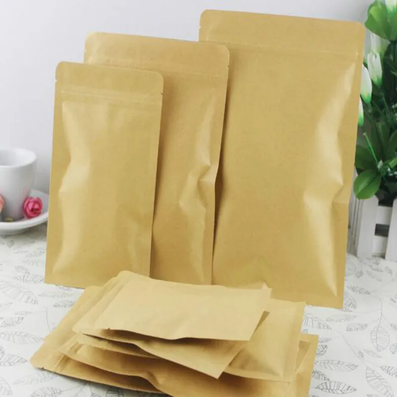100pcs/lot Kraft Paper Food Bag with Zip Lock Reusable Sealing Bag Inside Aluminizing Pouch For Storing Cookie Dried Food Snack